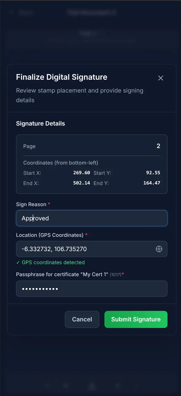 Penandatanganan — Konfirmasi & Passphrase