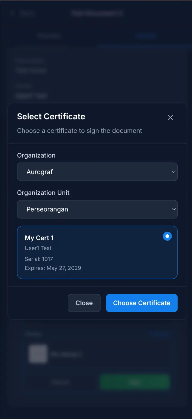Penandatanganan — Pilih Sertifikat
